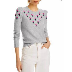 AQUA Cashmere Puff Sleeve Embroidered Floral Cashmere Sweater-Light Grey-NWT